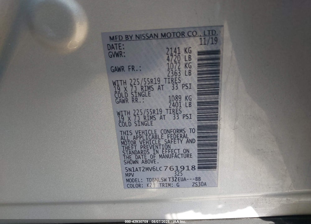 2020 NISSAN ROGUE VIN: 5N1AT2MV6LC761918
