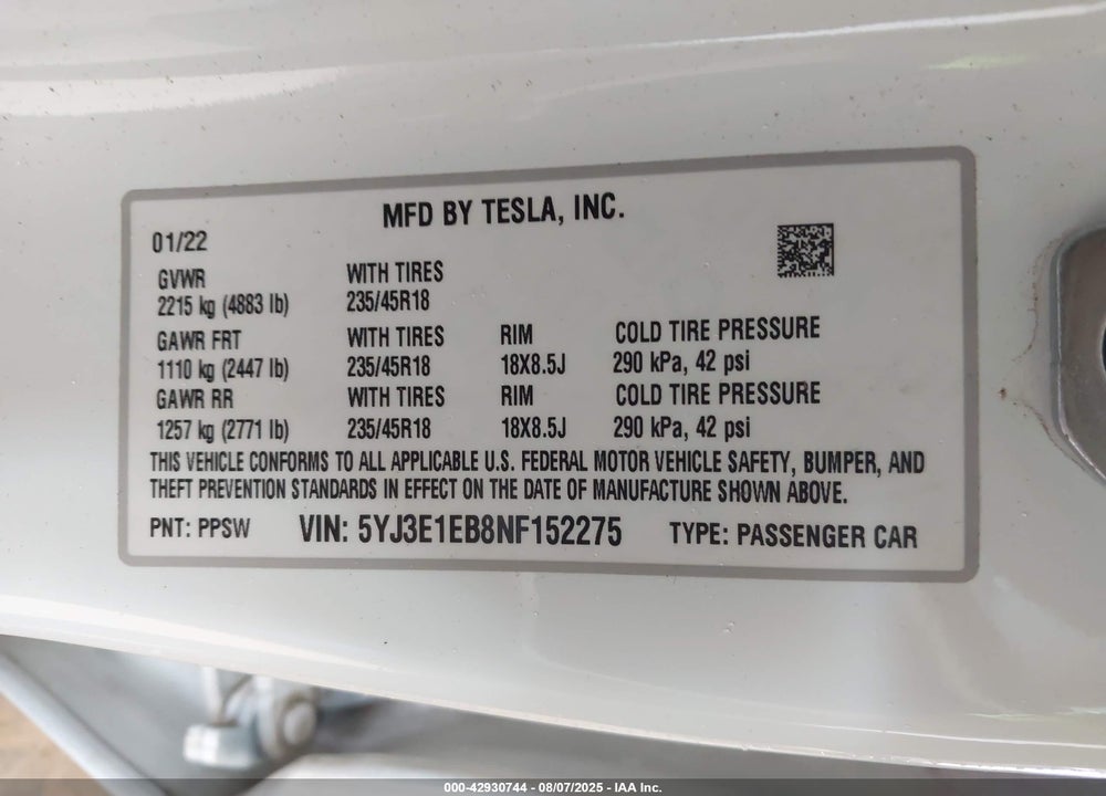 2022 TESLA MODEL 3 VIN: 5YJ3E1EB8NF152275