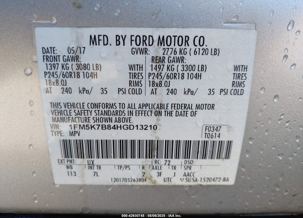 2017 FORD EXPLORER VIN: 1FM5K7B84HGD13210