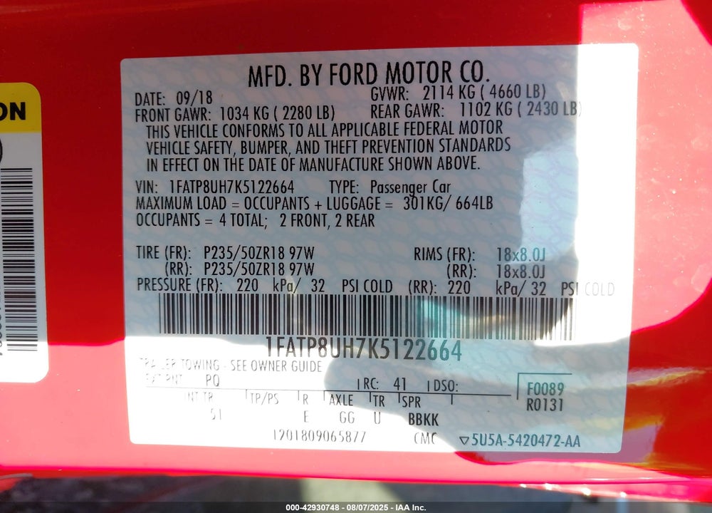 2019 FORD MUSTANG VIN: 1FATP8UH7K5122664