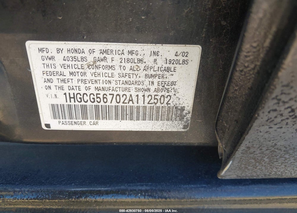 2002 HONDA ACCORD 2.3 SE VIN: 1HGCG56702A112502