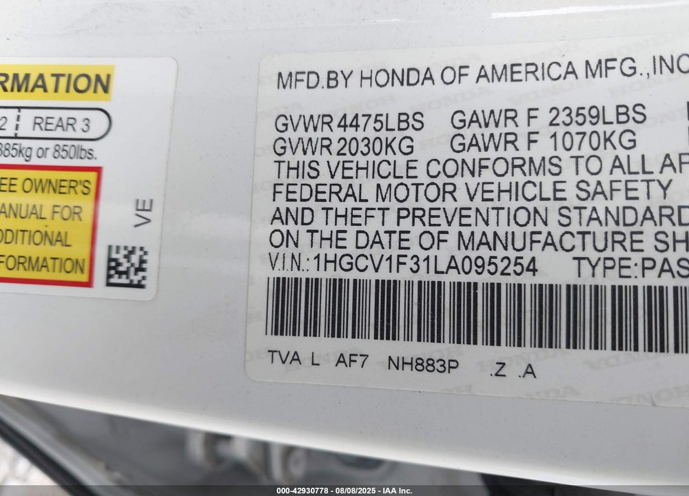 2020 HONDA ACCORD SPORT VIN: 1HGCV1F31LA095254