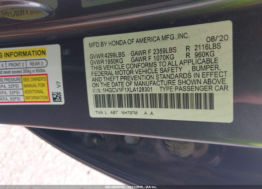 2020 HONDA ACCORD VIN: 1HGCV1F1XLA128301