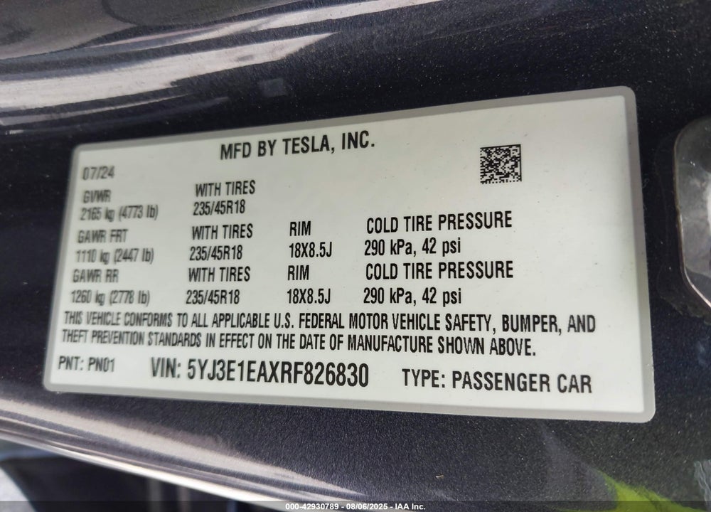 2024 TESLA MODEL 3 VIN: 5YJ3E1EAXRF826830