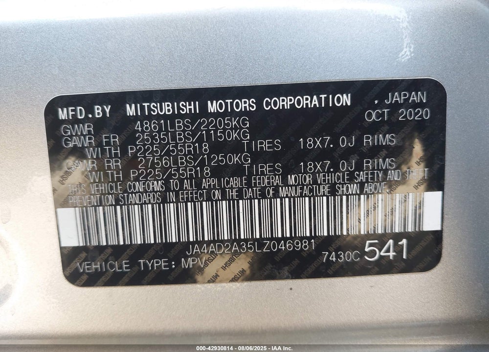 2020 MITSUBISHI OUTLANDER VIN: JA4AD2A35LZ046981