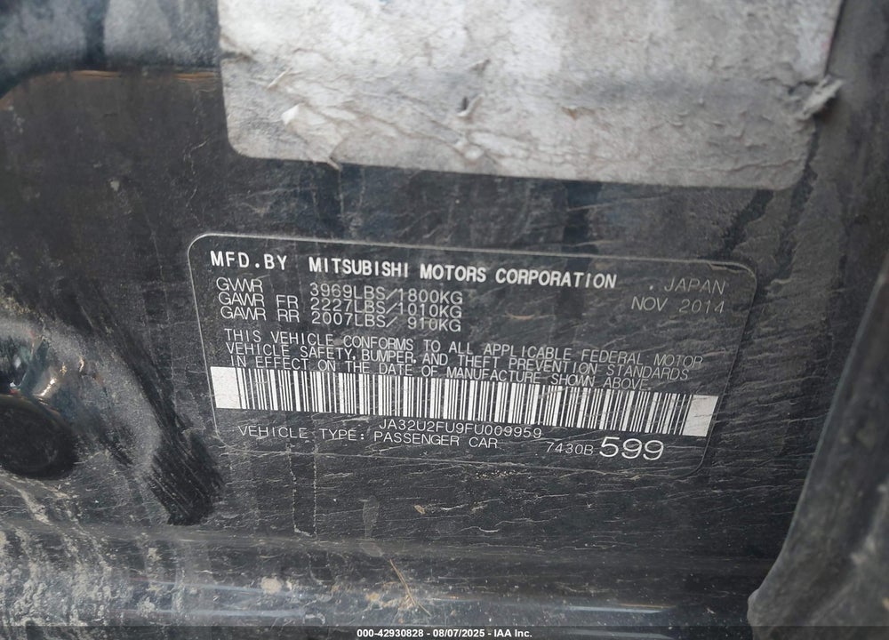 2015 MITSUBISHI LANCER VIN: JA32U2FU9FU009959