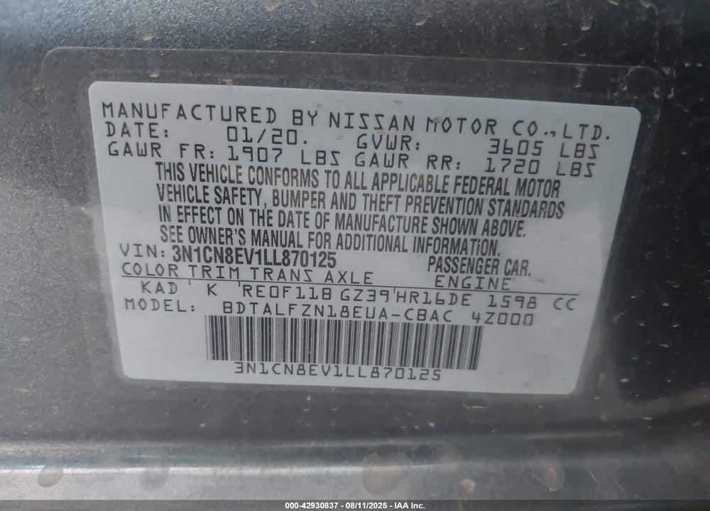 2020 NISSAN VERSA VIN: 3N1CN8EV1LL870125