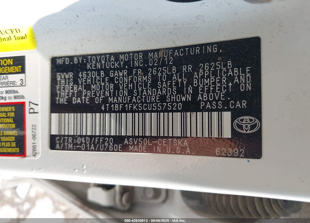 2012 TOYOTA CAMRY VIN: 4T1BF1FK5CU557520