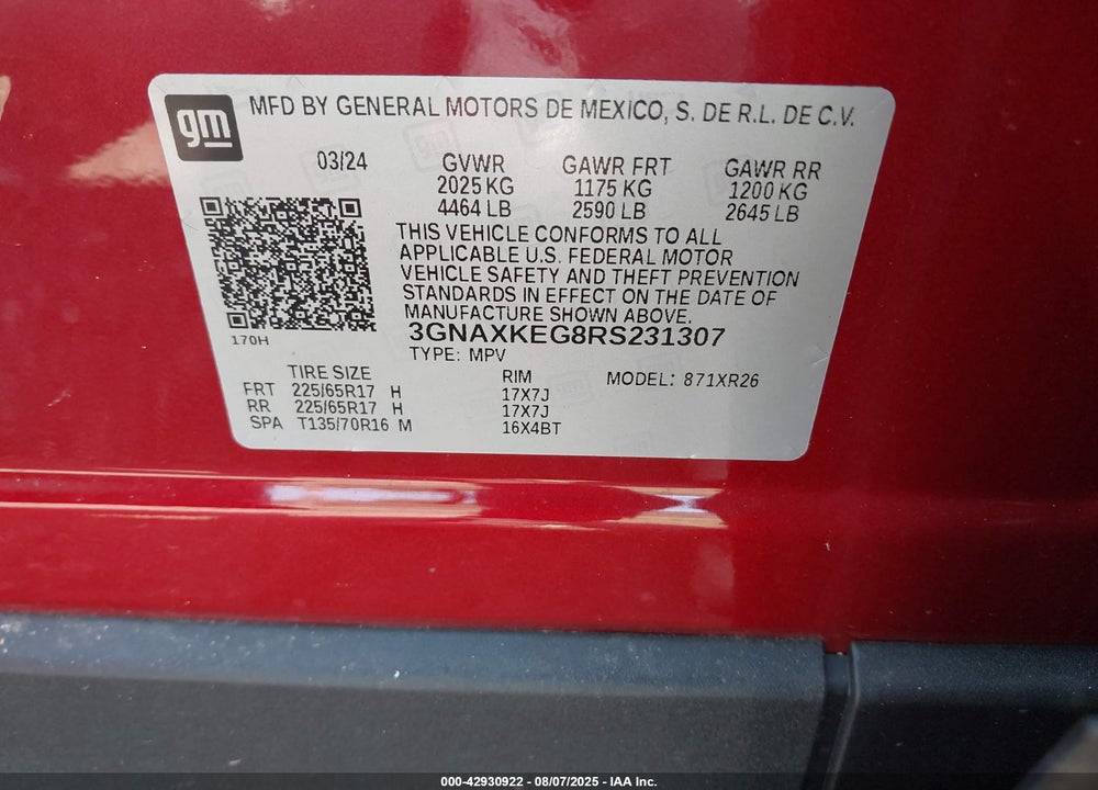 2024 CHEVROLET EQUINOX VIN: 3GNAXKEG8RS231307