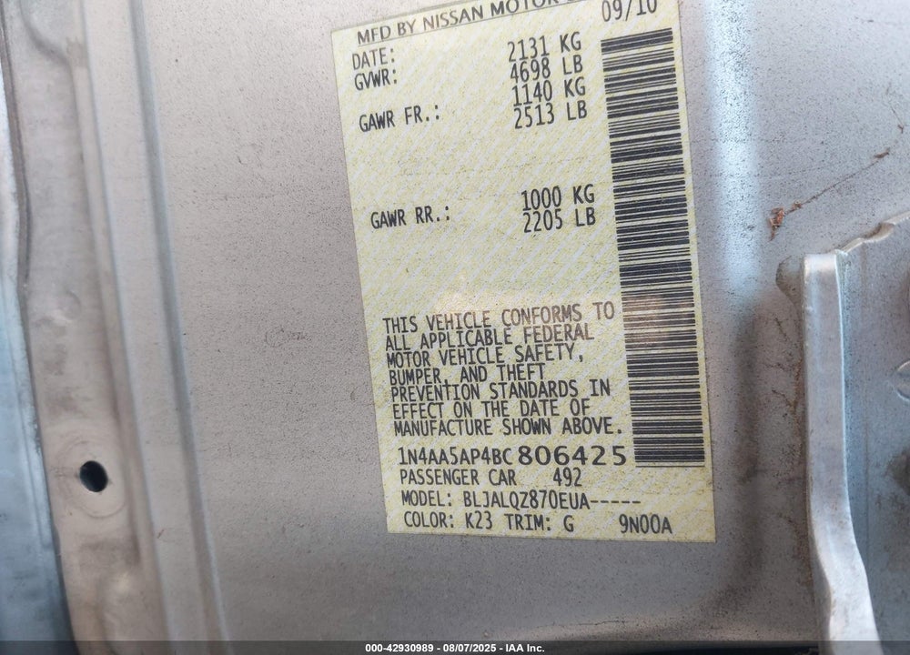 2011 NISSAN MAXIMA VIN: 1N4AA5AP4BC806425