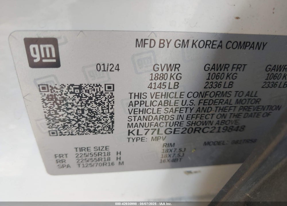 2024 CHEVROLET TRAX VIN: KL77LGE20RC219848