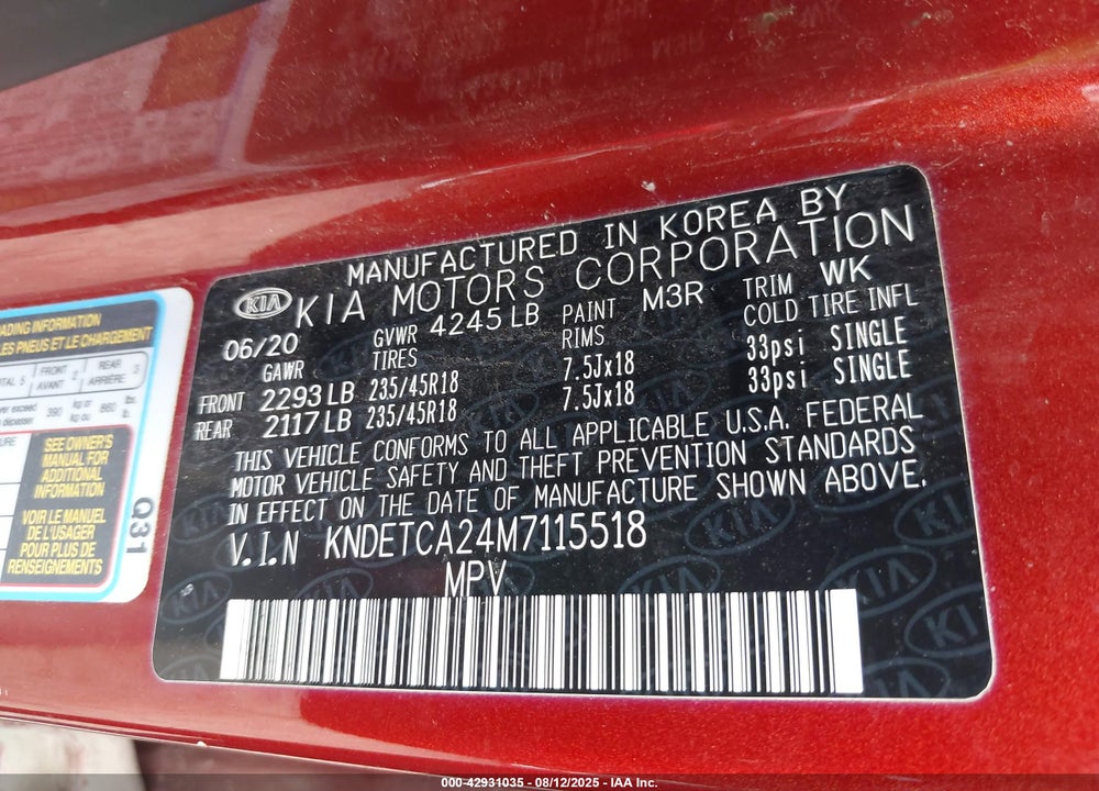 2021 KIA SELTOS VIN: KNDETCA24M7115518