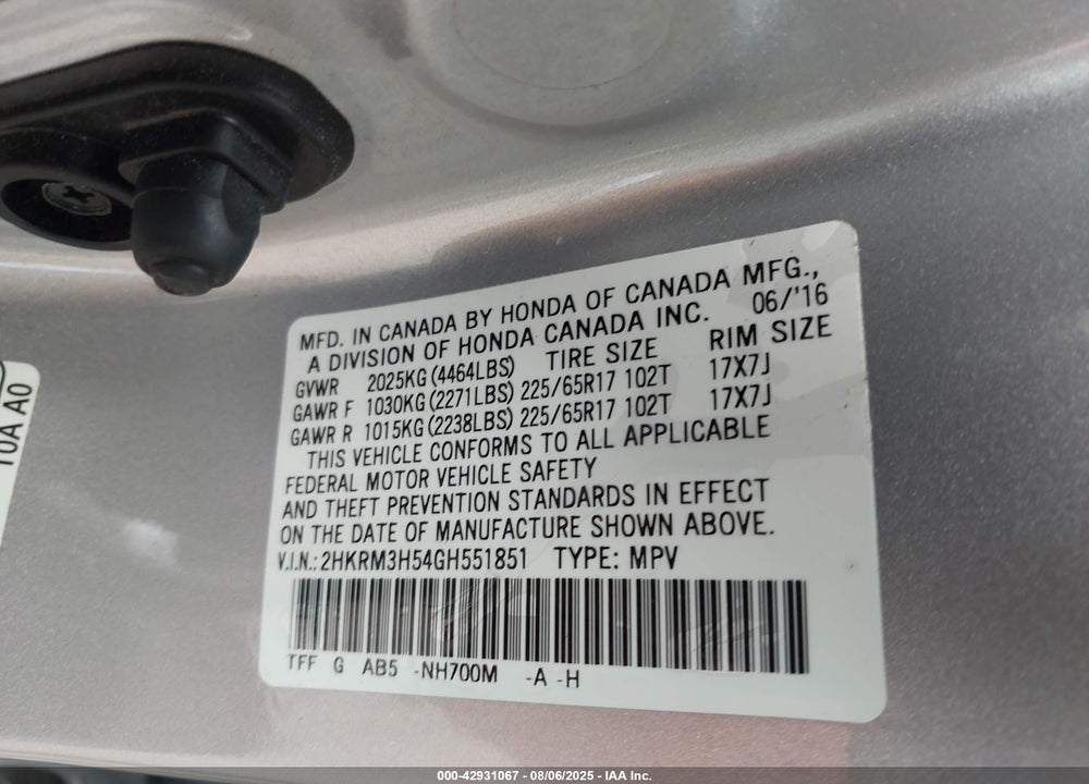 2016 HONDA CR-V VIN: 2HKRM3H54GH551851