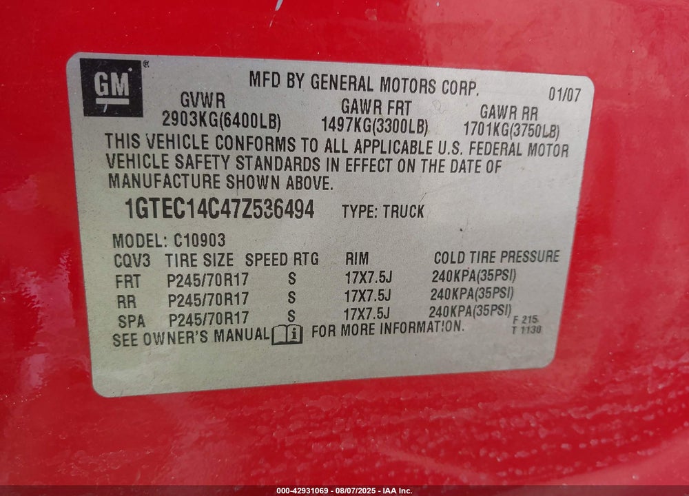 2007 GMC SIERRA 1500 VIN: 1GTEC14C47Z536494