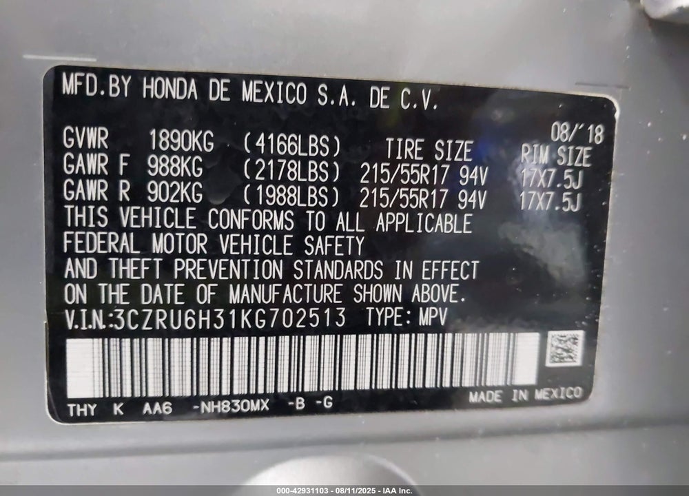 2019 HONDA HR-V VIN: 3CZRU6H31KG702513