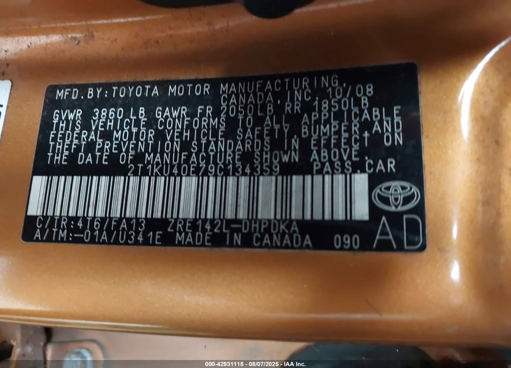 2009 TOYOTA MATRIX VIN: 2T1KU40E79C134359