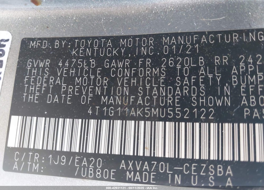 2021 TOYOTA CAMRY VIN: 4T1G11AK5MU552122