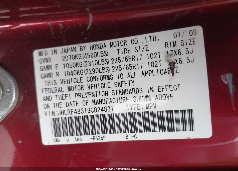 2009 HONDA CR-V LX VIN: JHLRE48319C024837