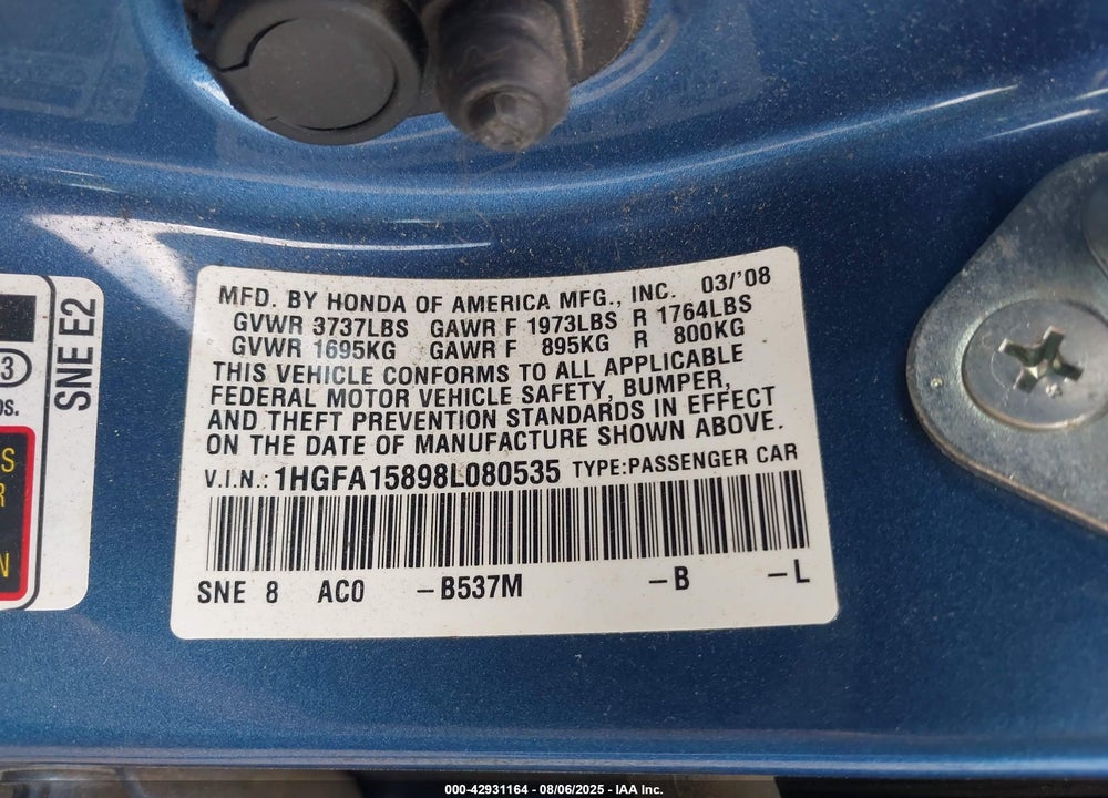 2008 HONDA CIVIC EX VIN: 1HGFA15898L080535