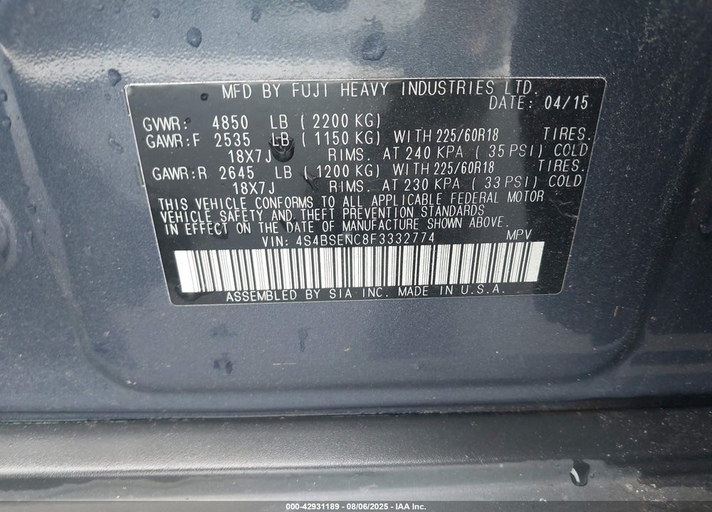 2015 SUBARU OUTBACK VIN: 4S4BSENC8F3332774