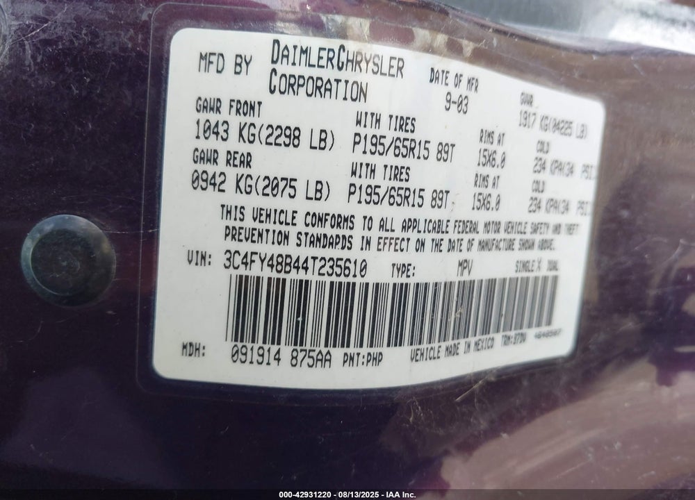 2004 CHRYSLER PT CRUISER VIN: 3C4FY48B44T235610