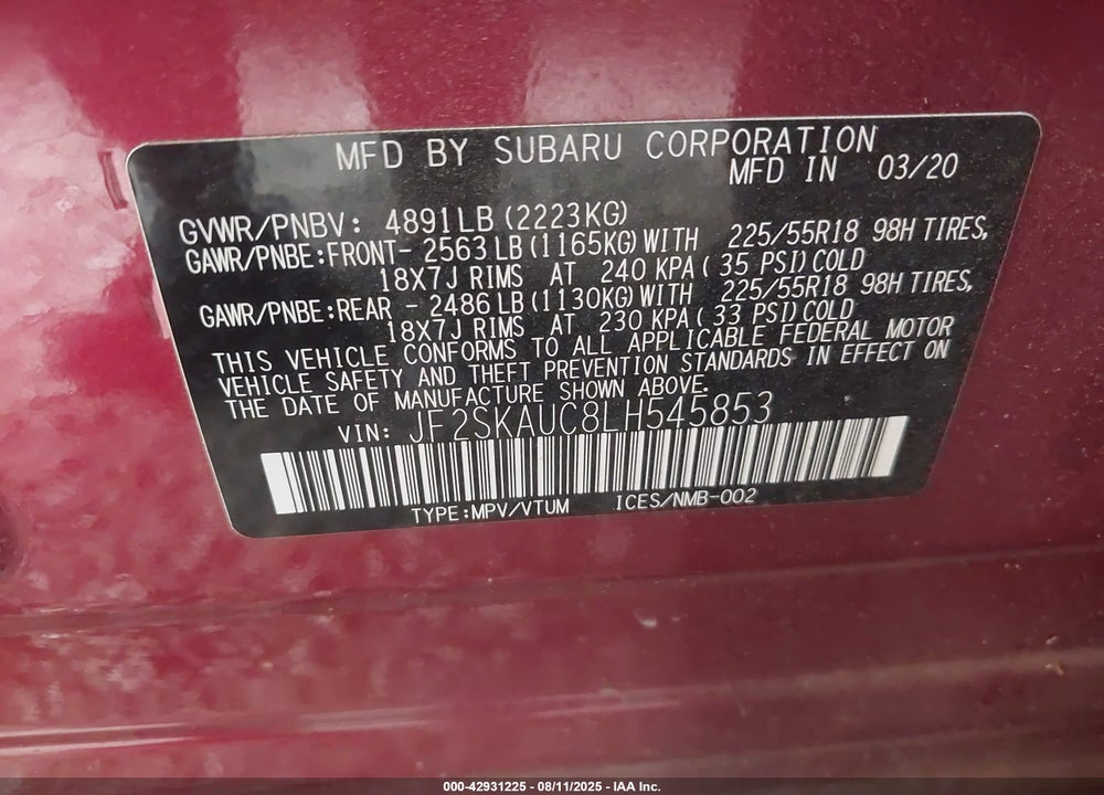 2020 SUBARU FORESTER LIMITED VIN: JF2SKAUC8LH545853