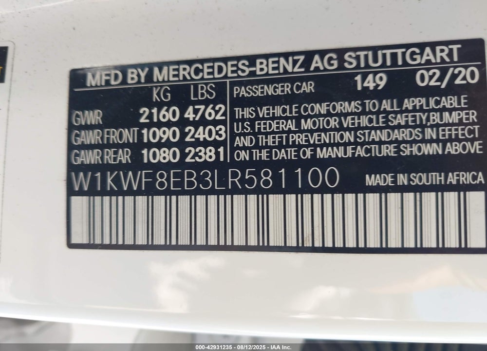 2020 MERCEDES-BENZ C CLASS VIN: W1KWF8EB3LR581100