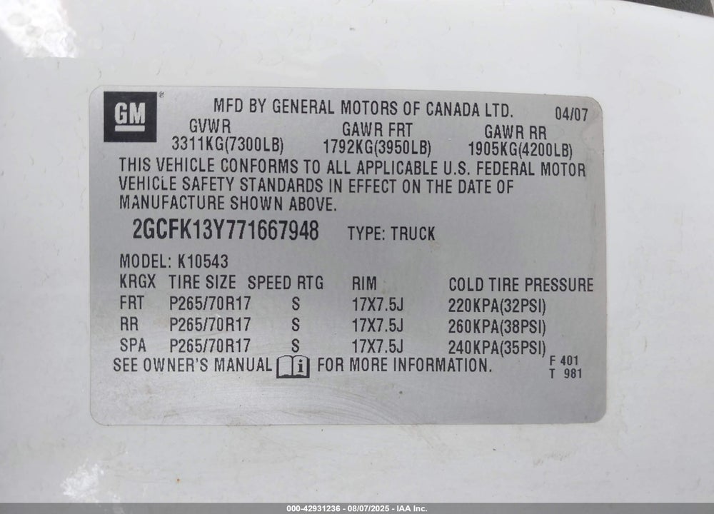 2007 CHEVROLET SILVERADO 1500 LTZ VIN: 2GCFK13Y771667948