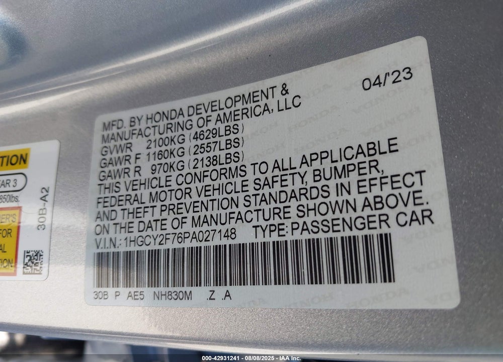 2023 HONDA ACCORD VIN: 1HGCY2F76PA027148
