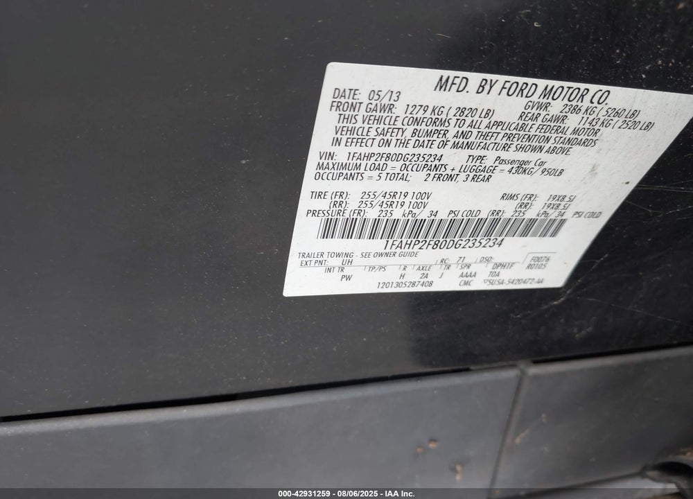 2013 FORD TAURUS VIN: 1FAHP2F80DG235234
