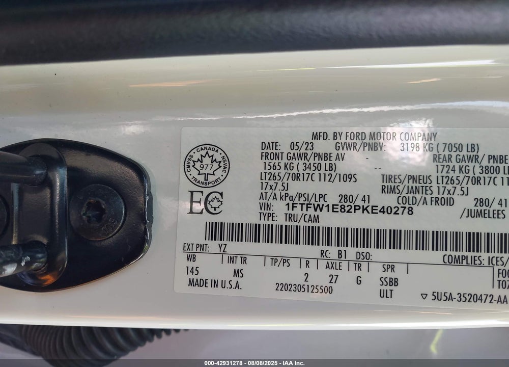 2023 FORD F-150 VIN: 1FTFW1E82PKE40278