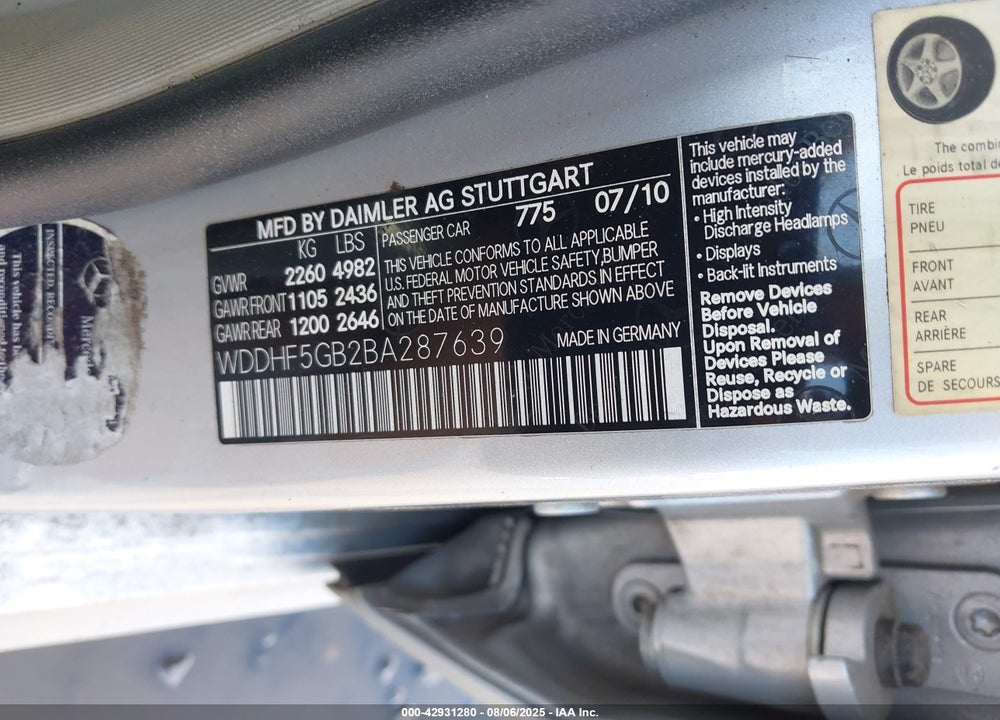 2011 MERCEDES-BENZ E-CLASS VIN: WDDHF5GB2BA287639
