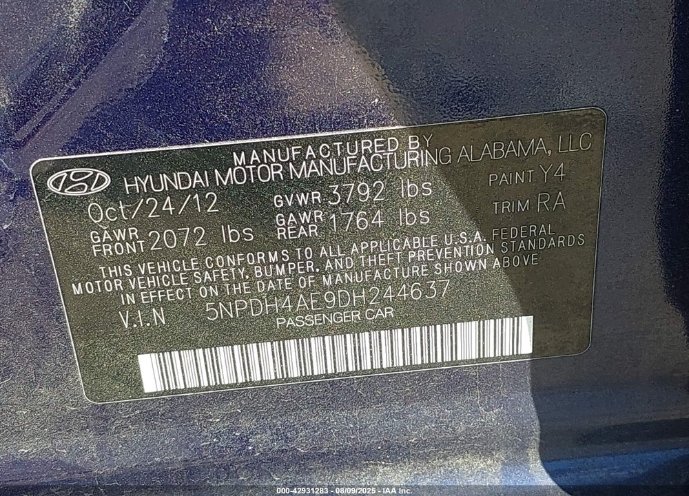 2013 HYUNDAI ELANTRA VIN: 5NPDH4AE9DH244637