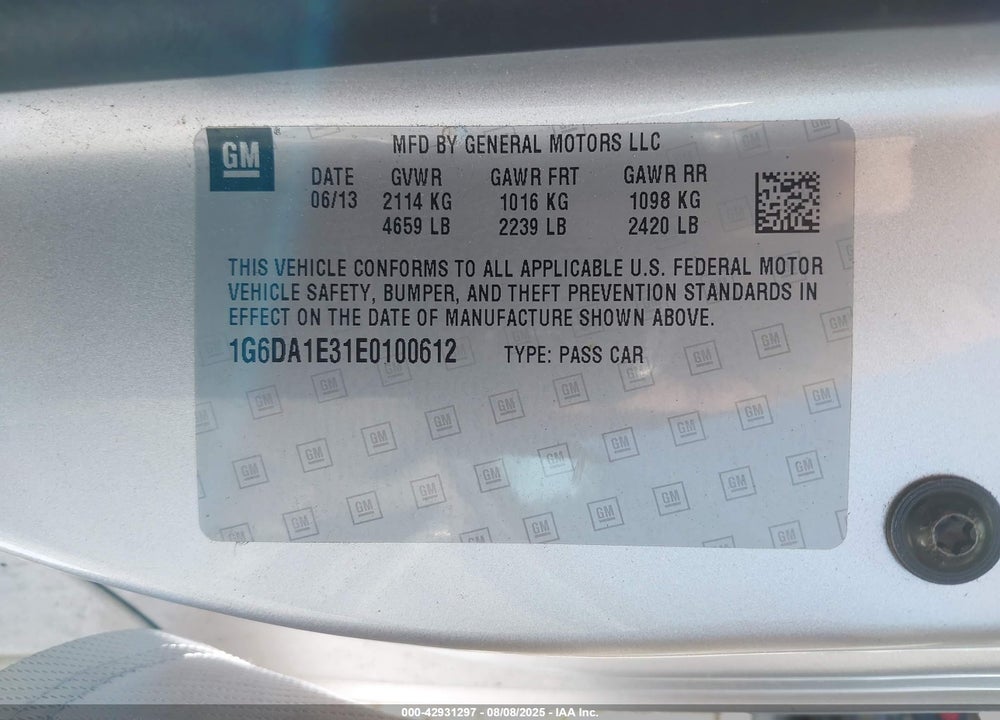 2014 CADILLAC CTS VIN: 1G6DA1E31E0100612