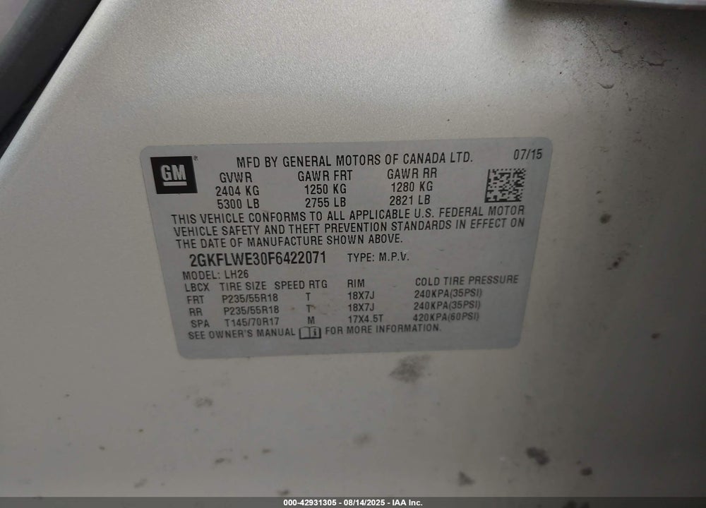 2015 GMC TERRAIN VIN: 2GKFLWE30F6422071
