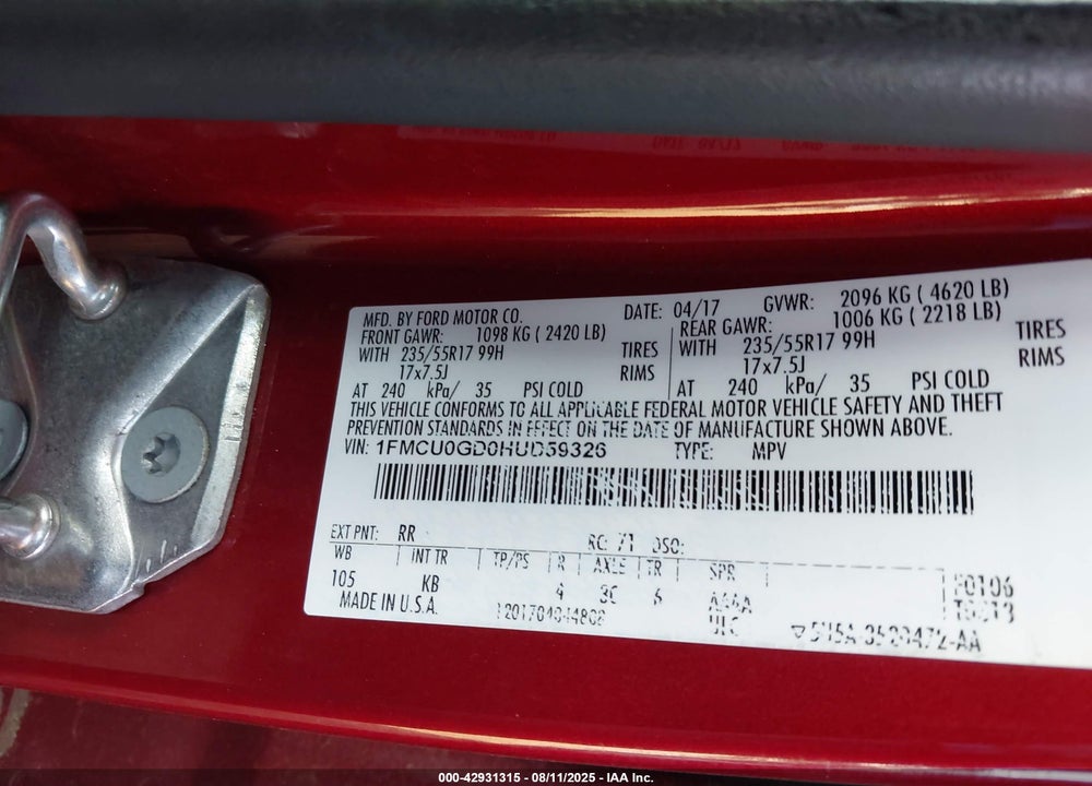2017 FORD ESCAPE VIN: 1FMCU0GD0HUD59326
