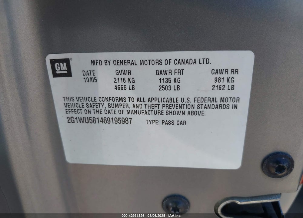 2006 CHEVROLET IMPALA LTZ VIN: 2G1WU581469195987