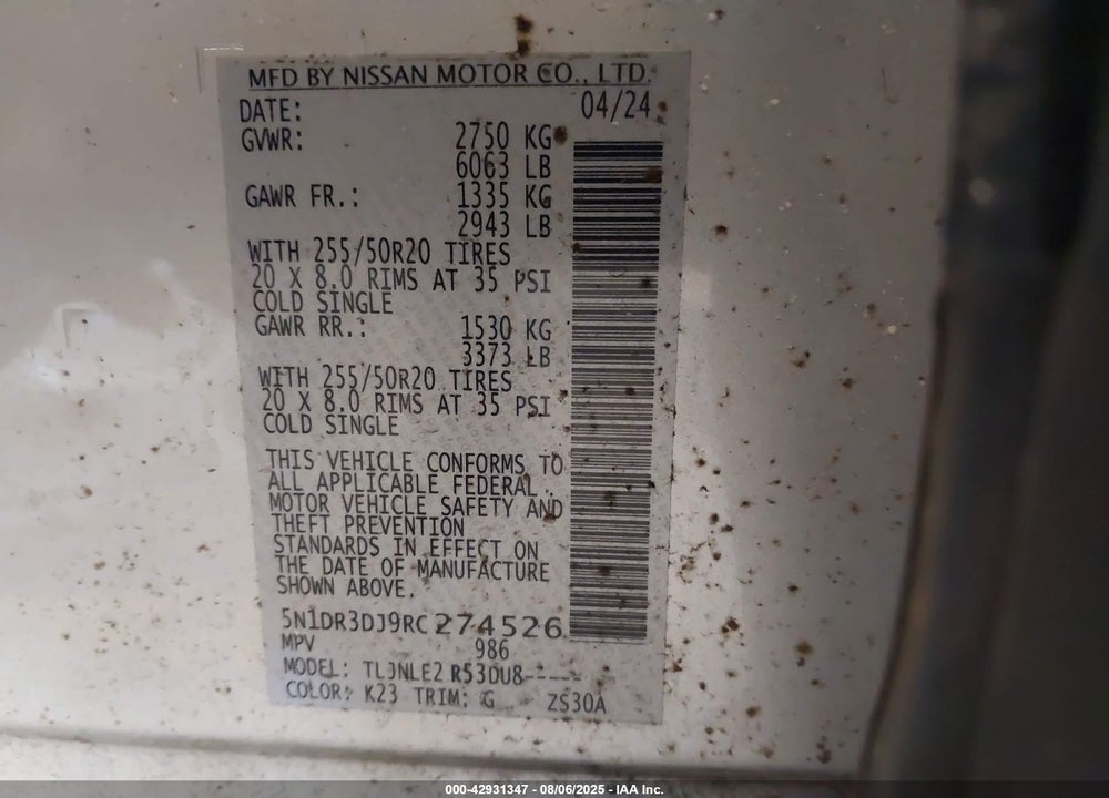 2024 NISSAN PATHFINDER VIN: 5N1DR3DJ9RC274526