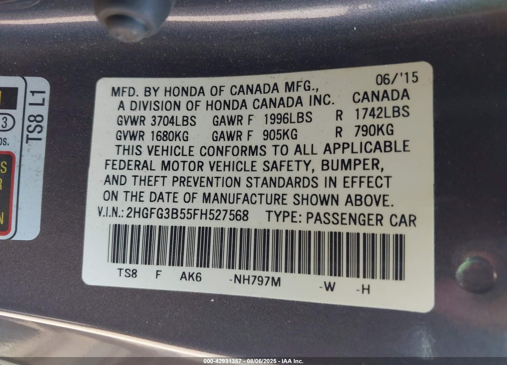 2015 HONDA CIVIC VIN: 2HGFG3B55FH527568