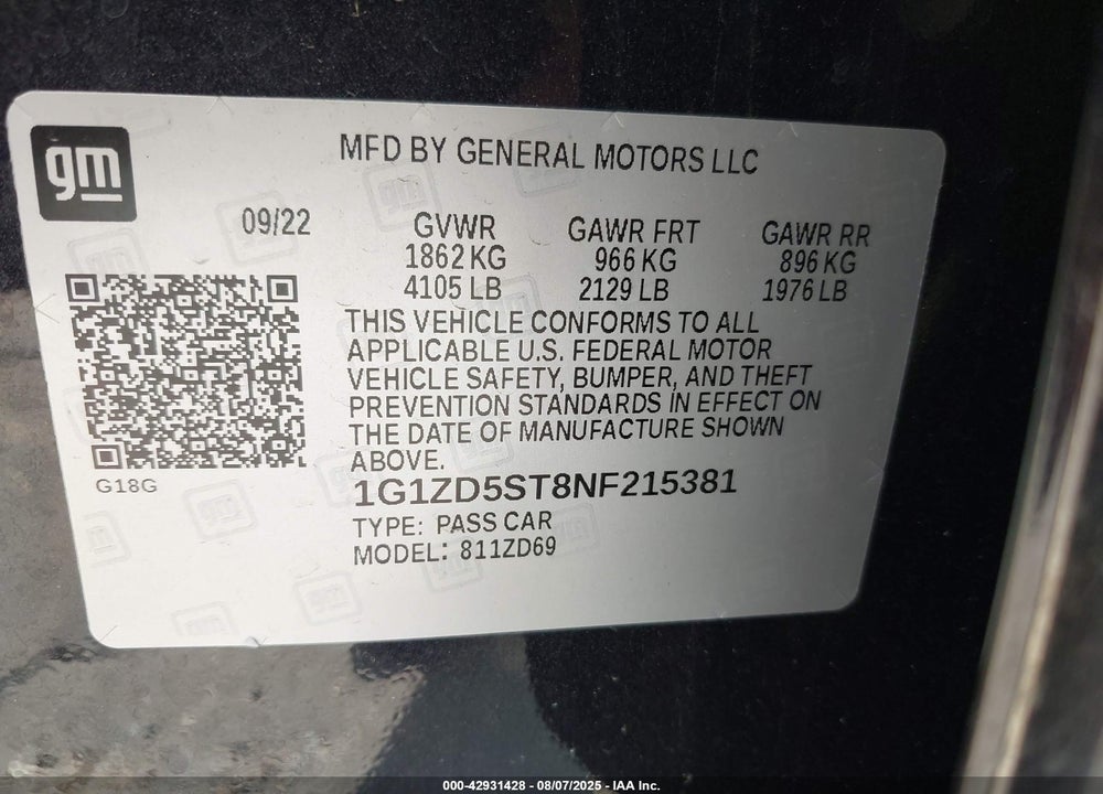 2022 CHEVROLET MALIBU VIN: 1G1ZD5ST8NF215381