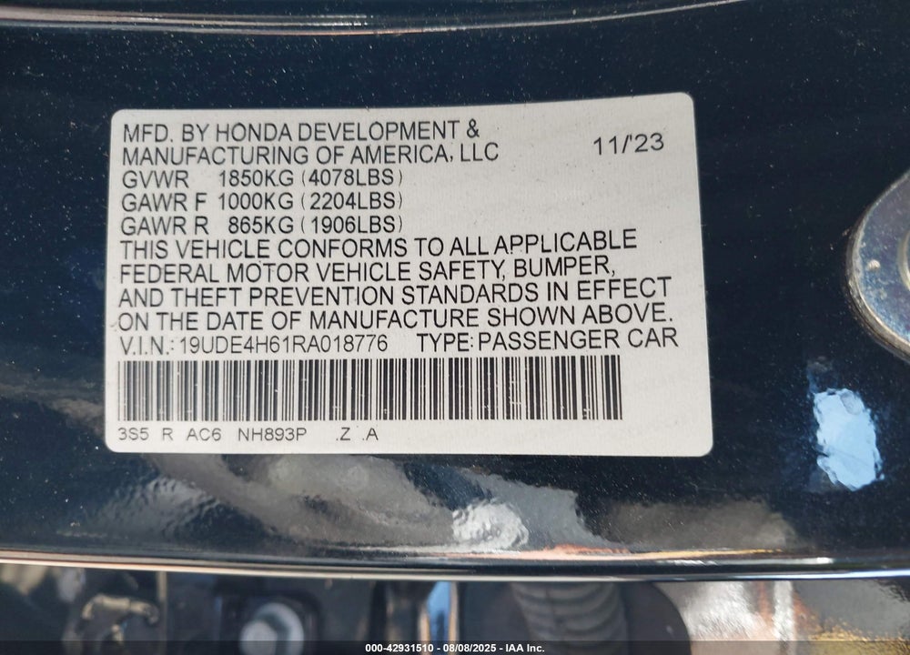 2024 ACURA INTEGRA VIN: 19UDE4H61RA018776