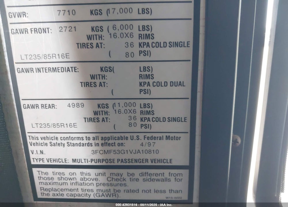 1997 FLEETWOOD F530 VIN: 3FCMF53G1VJA10810