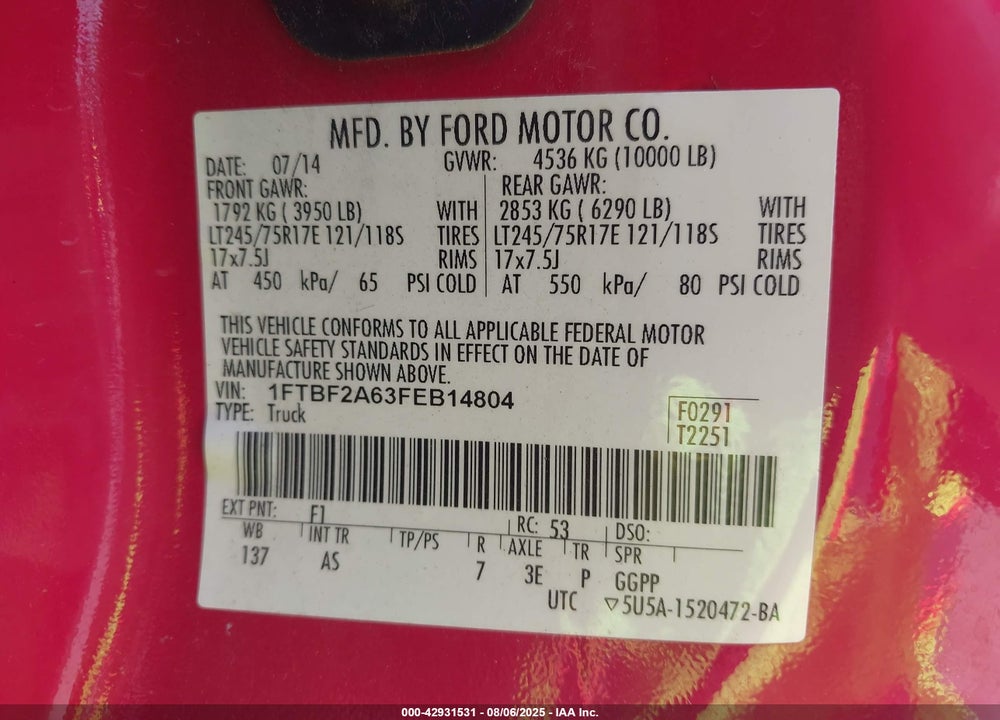 2015 FORD F-250 VIN: 1FTBF2A63FEB14804
