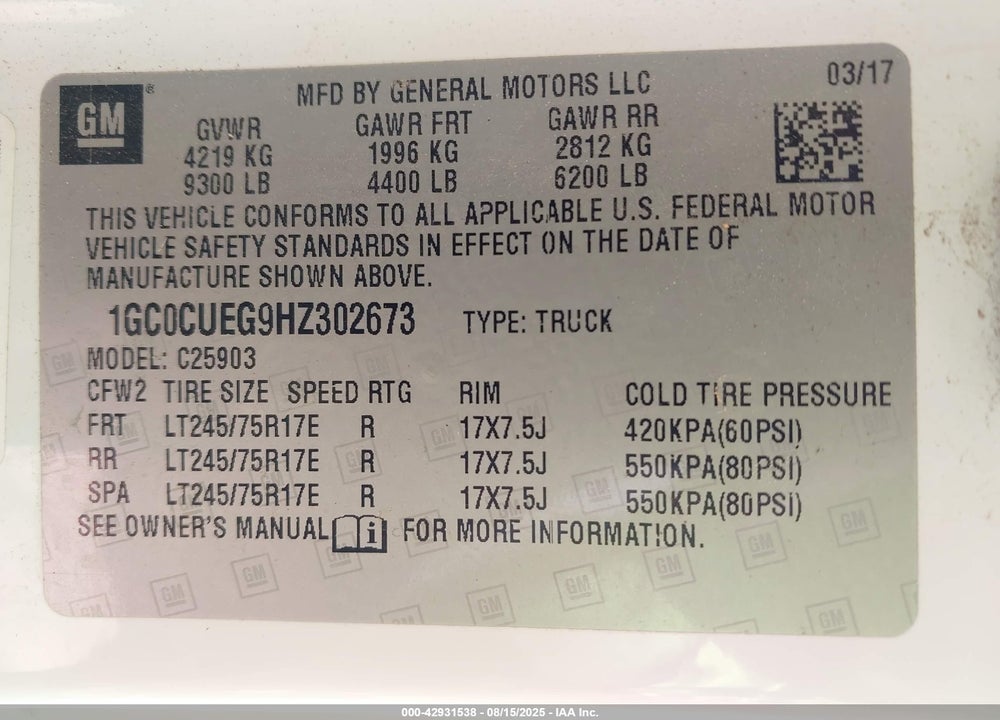 2017 CHEVROLET SILVERADO 2500 VIN: 1GC0CUEG9HZ302673