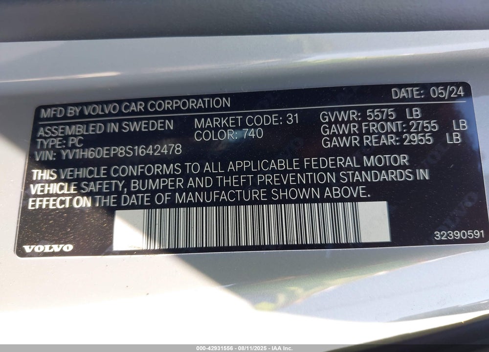 2025 POLESTAR VOLVO V60 PLUG-IN HYBRID T8  ENGINEERED VIN: YV1H60EP8S1642478