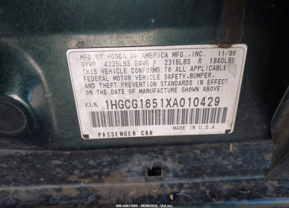1999 HONDA ACCORD EX V6 VIN: 1HGCG1651XA010429