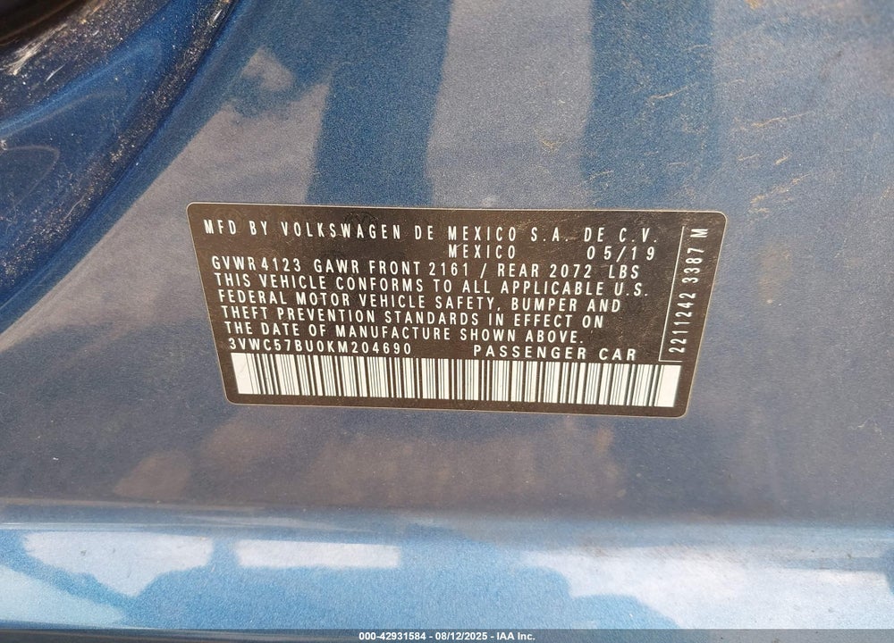 2019 VOLKSWAGEN JETTA VIN: 3VWC57BU0KM204690