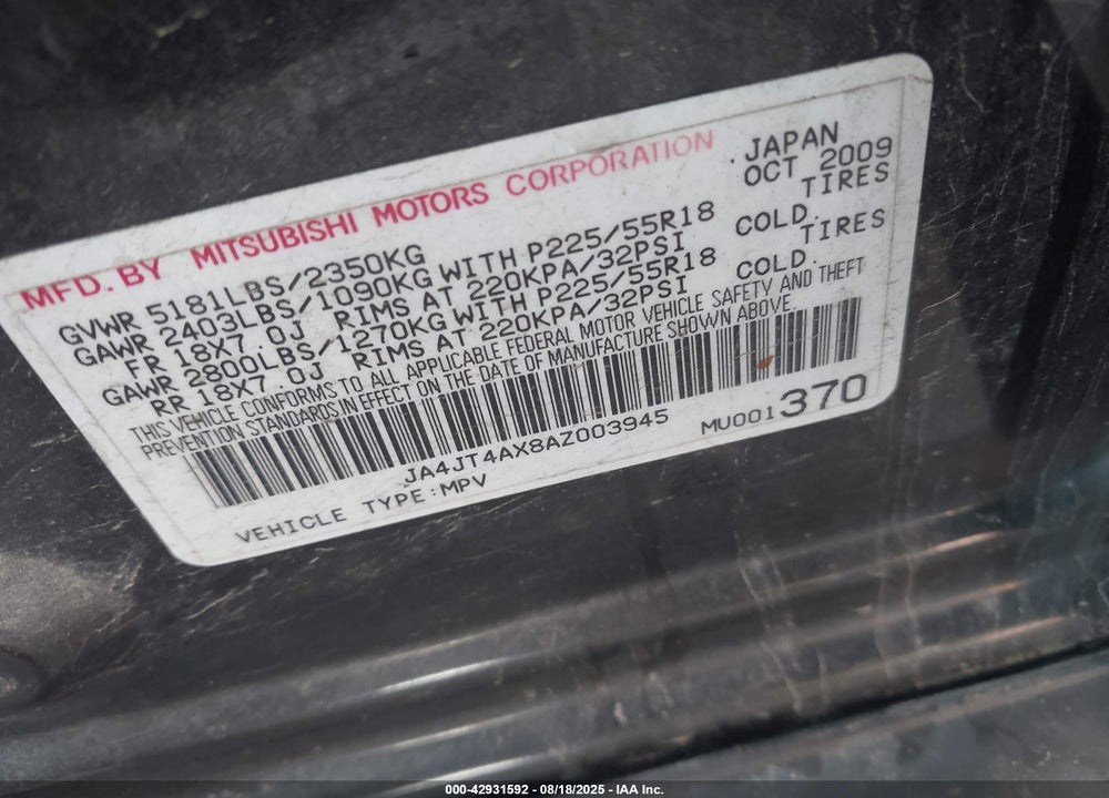 2010 MITSUBISHI OUTLANDER VIN: JA4JT4AX8AZ003945