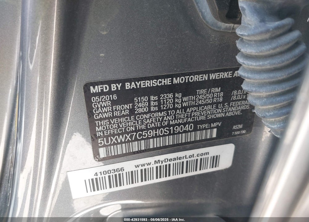 2017 BMW X3 VIN: 5UXWX7C59H0S19040