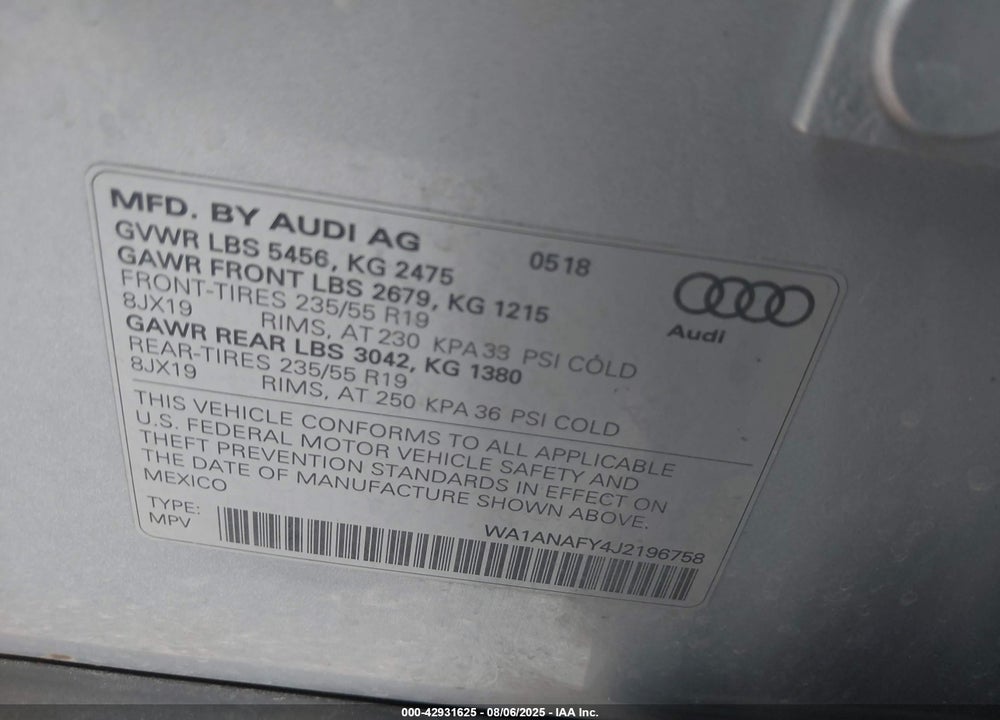 2018 AUDI Q5 2.0T PREMIUM/2.0T TECH PREMIUM VIN: WA1ANAFY4J2196758